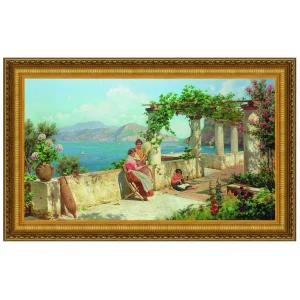 Figures on a Terrace in Capri Framed Canvas Replica Painting: Medium