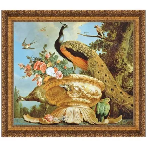 A Peacock on a Decorative Urn Framed Canvas Replica Painting: Medium