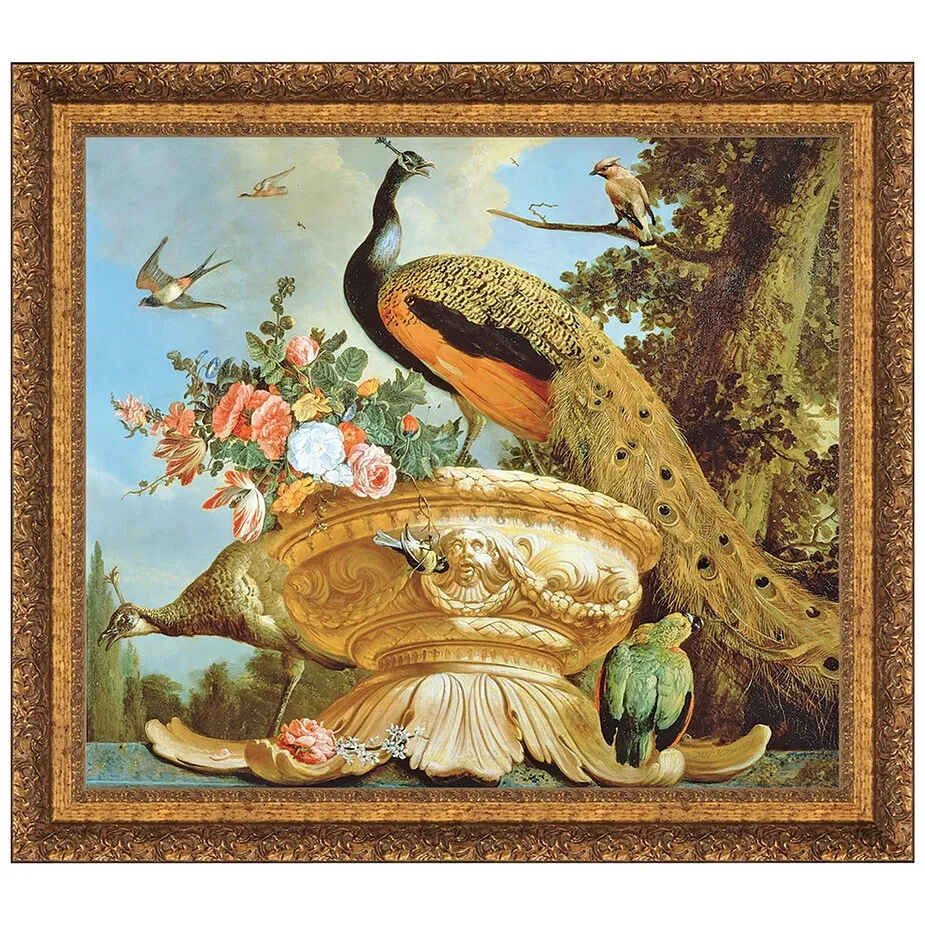 A Peacock on a Decorative Urn Framed Canvas Replica Painting: Grande