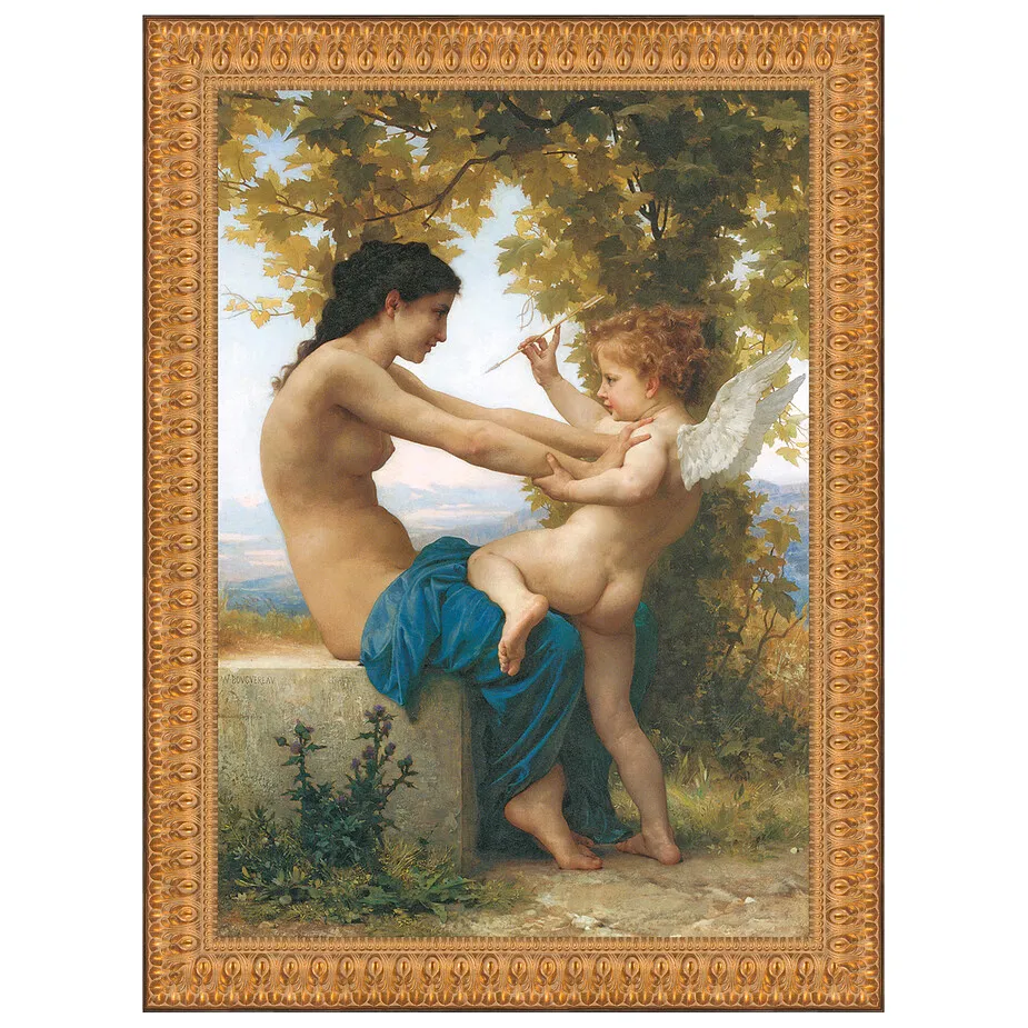 Young Girl Defending Herself Against Eros Framed Canvas Replica Painting: Medium