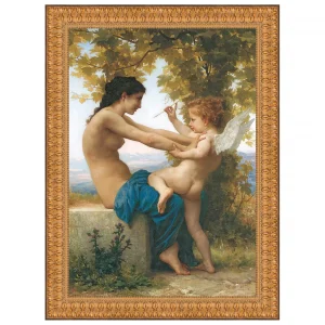 Young Girl Defending Herself Against Eros Framed Canvas Replica Painting: Large