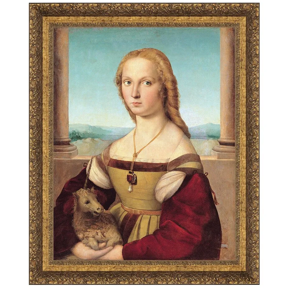 Young Woman with Unicorn Framed Canvas Replica Painting: Grande