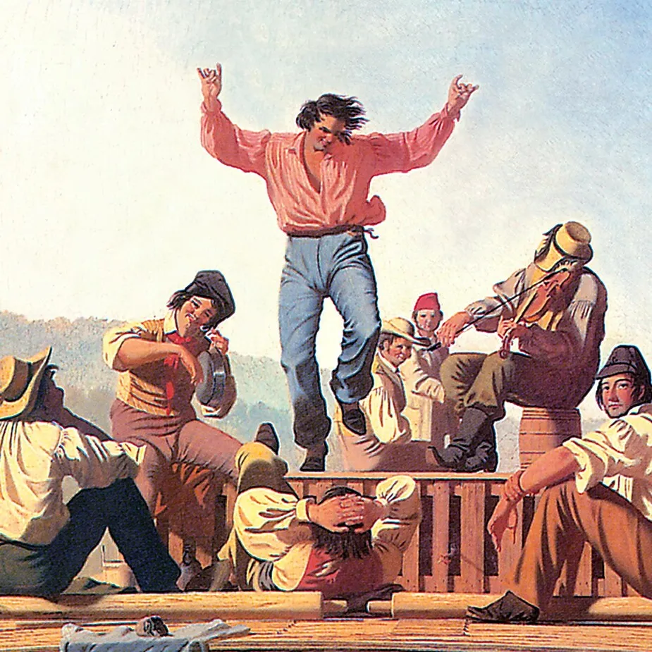 Jolly Flatboatmen in Port Framed Canvas Replica Painting: Small