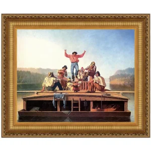 Jolly Flatboatmen in Port Framed Canvas Replica Painting: Grande