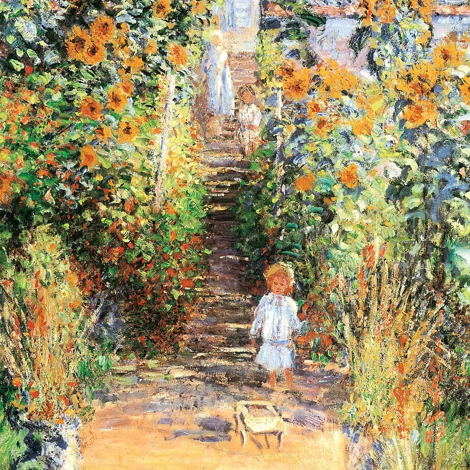 Artist's Garden at Vetheuil Framed Canvas Replica Painting: Small