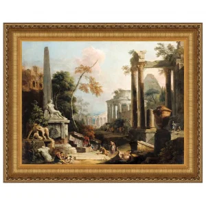 Landscape with Classical Ruins and Figures Framed Canvas Replica Painting: Small