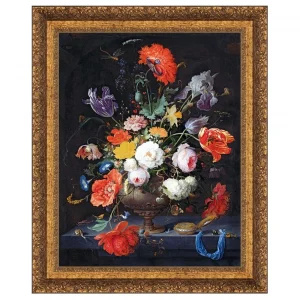 Still Life with Flowers and a Watch Framed Canvas Replica Painting: Large