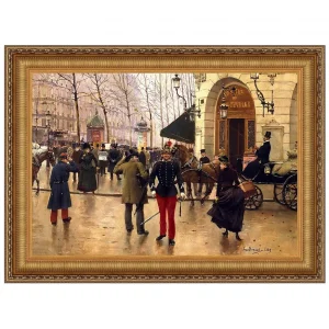 Boulevard des Capucines and Vaudeville Theatre in Paris Framed Canvas Replica Painting: Large