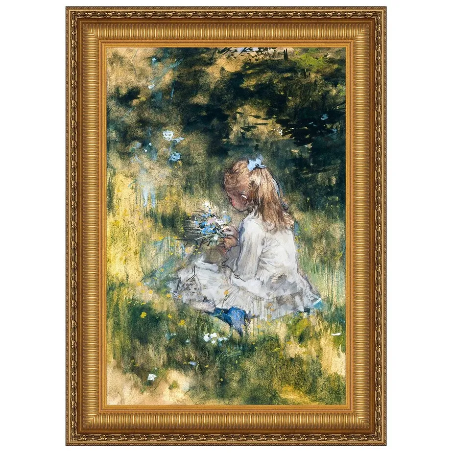 A Girl with Flowers on the Grass Framed Canvas Replica Painting: Large