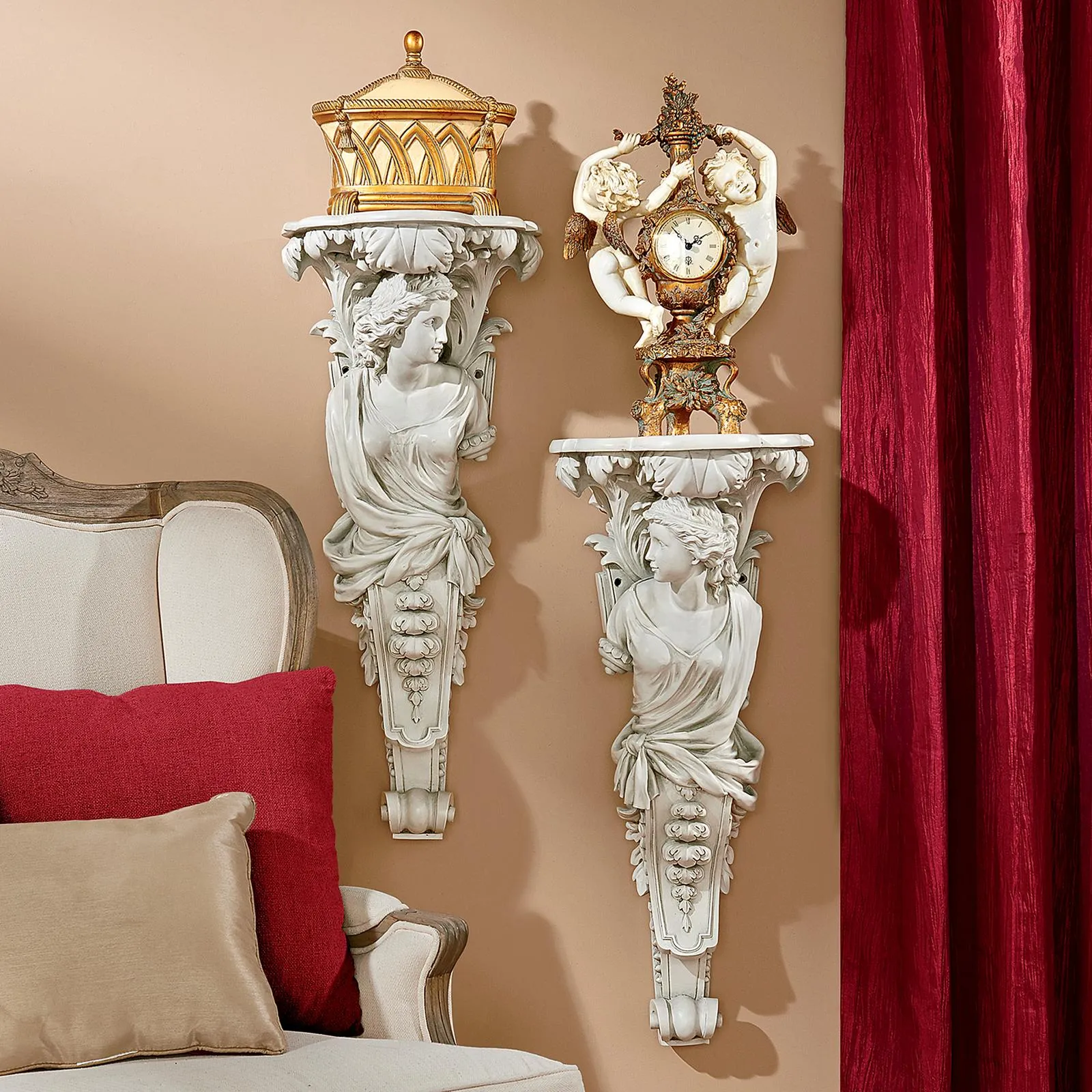 French Baroque Caryatid Wall Sculptures: Set of Two