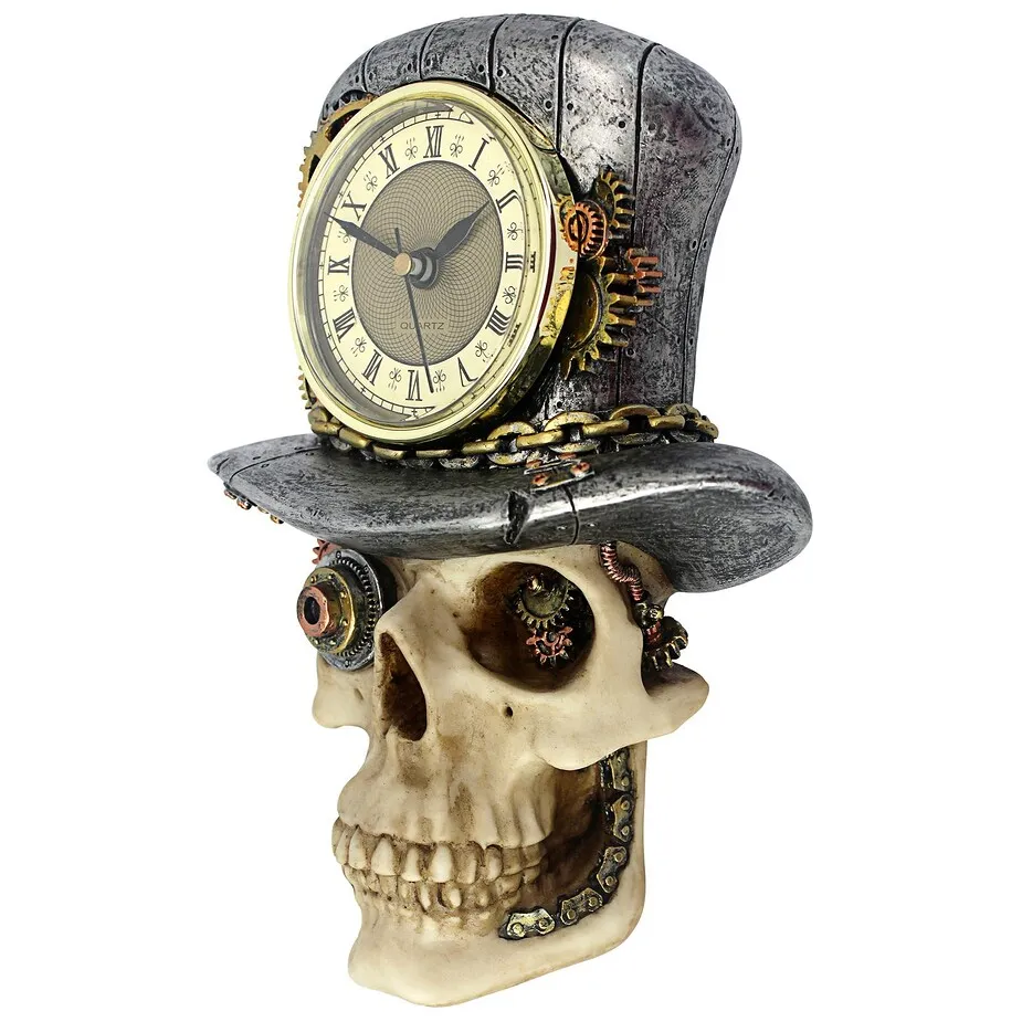 Steampunk Mad Hatter Skull Sculptural Wall Clock