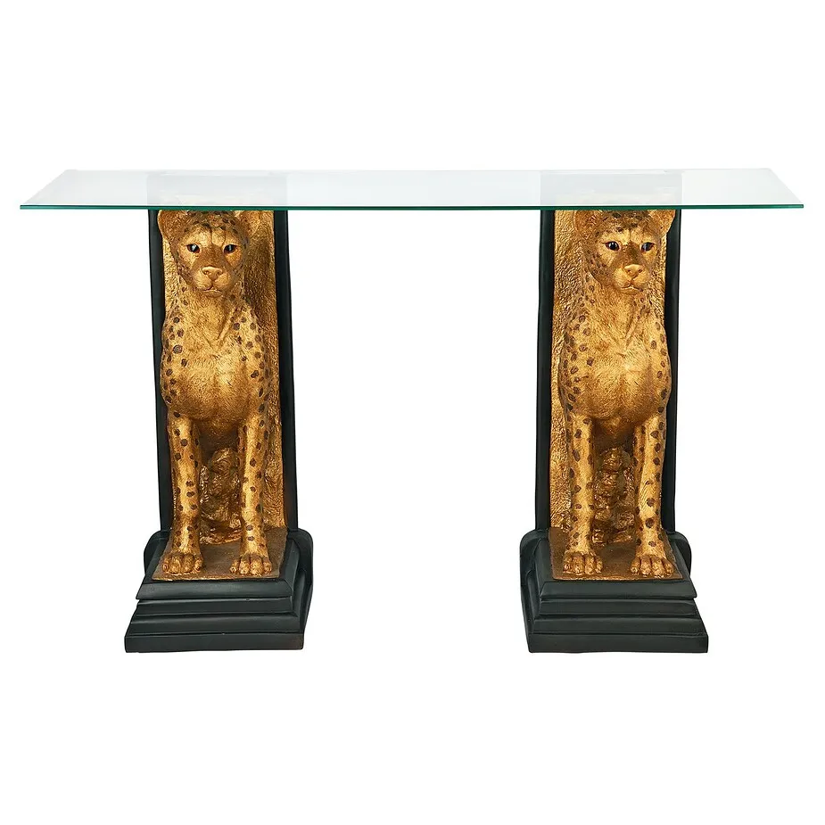 Royal Egyptian Cheetahs Sculptural Glass-Topped Console