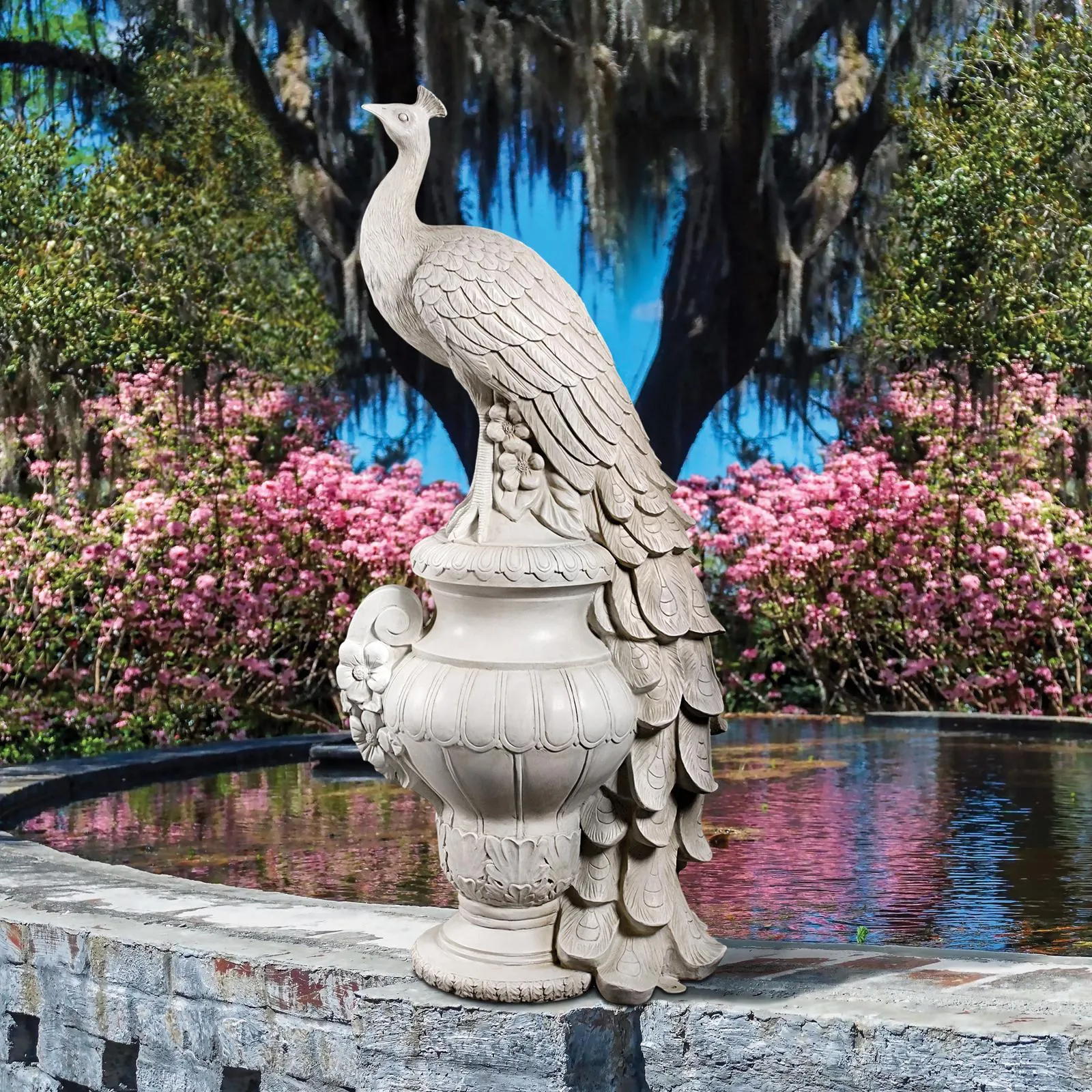 Staverden Castle Peacock on an Urn Garden Statue: Giant